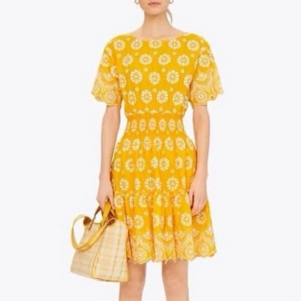 Tory Burch Embroidered Eyelet Dress in Sunlight Yellow White Women's Size 8